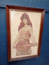 Framed tapestry of a lady by Helene Berlin. {H 93cm x W 63cm}.