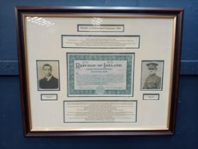 Framed montage of Dail bond 1920 with De Valera and Collins {H 46cm x W 57cm}.