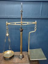 19th C. Cast and brass Grocer's scales {H 200cm x W 80cm x D 35cm}.