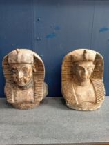 Pair of Wooden hand carved Egyptian pharaoh busts {Each: 40cm H x 30cm W x 22cm D}