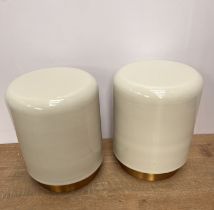 Pair of unusual white enamel stools with brass coloured base {H 46cm x Dia 35cm}.