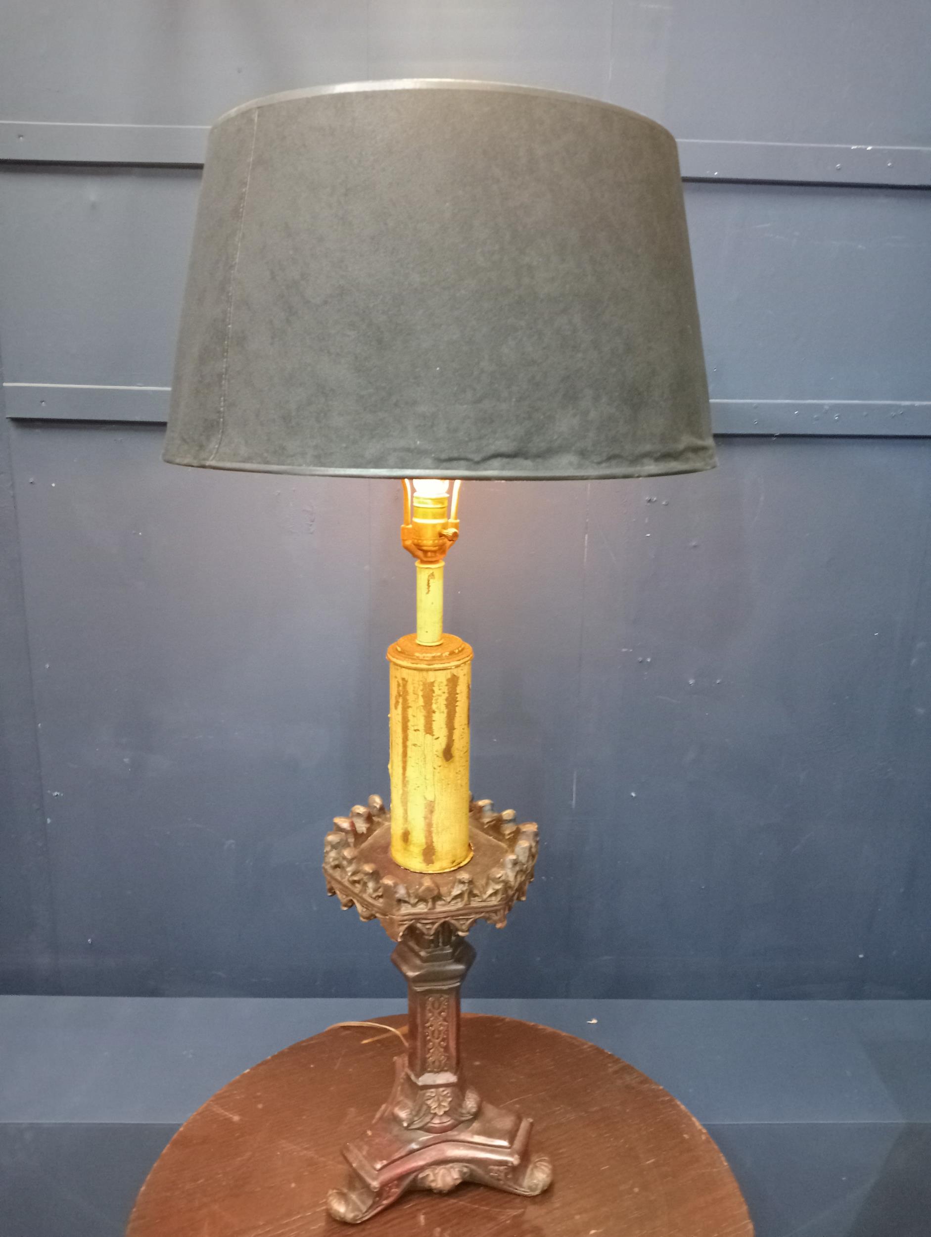 19th C. Carved and gilded wood tall alter stick in the form of lamp with cloth shade. {H 100cm x Dia - Image 2 of 3