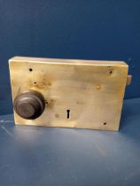Brass door lock with wooden knob {H 12cm x W 20cm x D 3cm }.