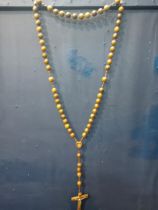 Set of olive wood rosary beads with our Lady's apparition at Lourdes inset {H 105cm x W 9cm}.