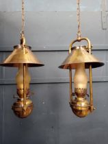 Pair of polished metal oil lamps electrified {H 45cm x D 24cm}.