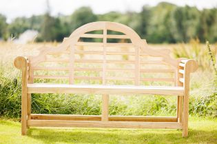 Exceptional quality teak Lutyens three seater garden bench {105 cm H x 165 cm W x 60 cm D}.(not