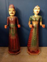 Pair of wooden hand painted Ganguar figures on base. {H 107cm x W 28cm x D 28cm }.