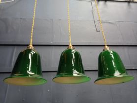 Lot of three glass bell shaped pendant hanging lights {H 30cm x dia 25cm}.