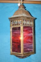 Square brass hanging lantern in the Gothic style. {H 20cm x Dia 90cm}.