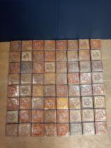 Collection of salt glazed wall tiles {82cm x 82cm sq each tile 10 x 10}.