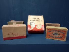 Collection of five advertising boxes {H 17cm down to H 9cm}.