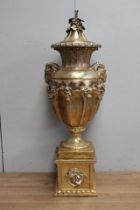 Ceccarelli gold Italian ceramic urn on base decorated with grapes and rams head {H 210cm x W 71cm