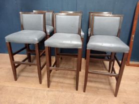 Six blue leather wooden high stools with chrome footrest {H 104cm x W 47cm x D 44cm}.