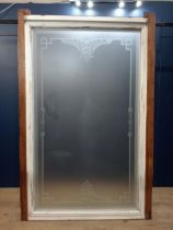 Early 20th C. etched glass window in wooden frame. {Glass H 242cm x W 155cm }.