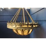 Large Bronze chandelier with dome base and opaque glass. {H 100cm x Dia 100cm }.