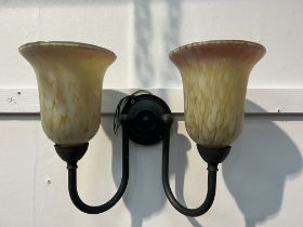 Mid century double wall light with amber frosted shades. {H 27cm x W 37cm x D 16cm }.