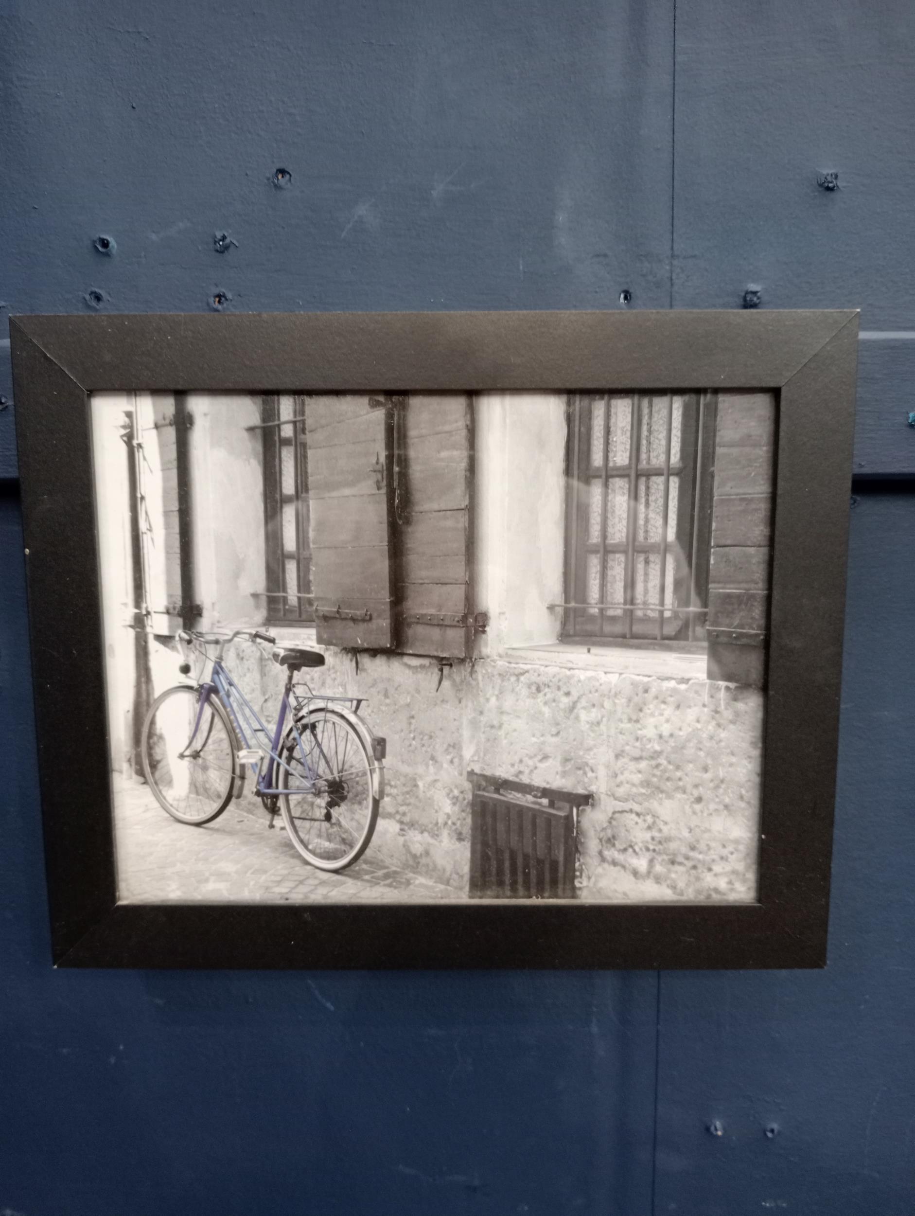Framed black and white print of bicycle {H 23cm x W 28cm}.
