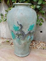 Terracotta glazed pot with floral decoration {H 82cm x Dia 44cm}.