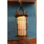 Good quality bronze hanging lantern decorated with acanthus leaves and opaque glass panels. {H 140cm