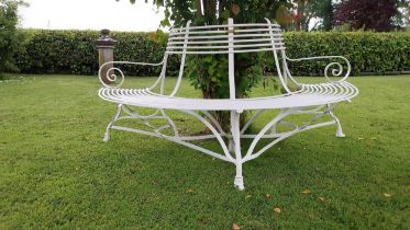 Exceptional quality hand forged wrought iron Arras style tree bench {87 cm H x 180 cm W x 87 cm