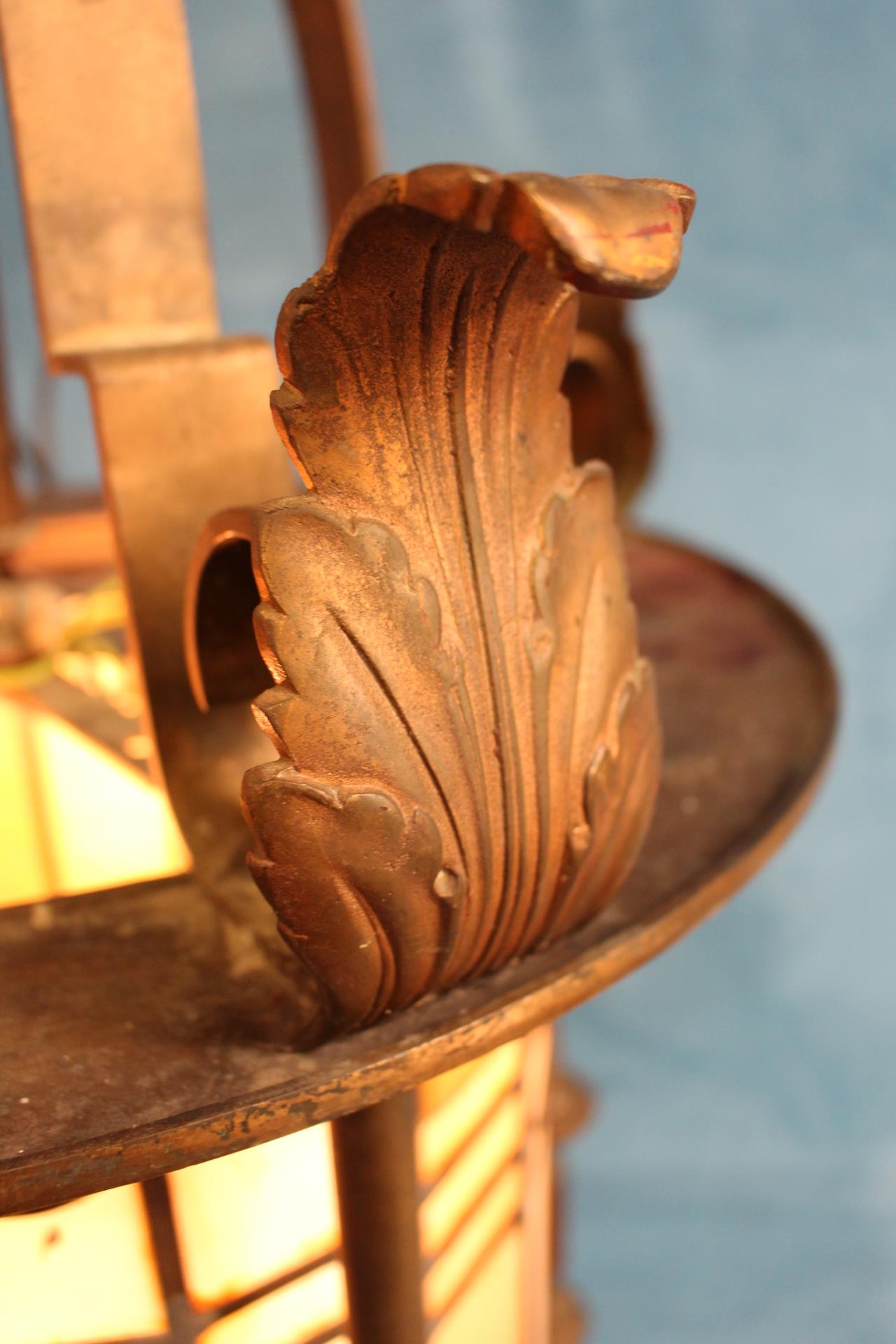 Good quality bronze hanging lantern decorated with acanthus leaves and opaque glass panels. {H 140cm - Image 2 of 2