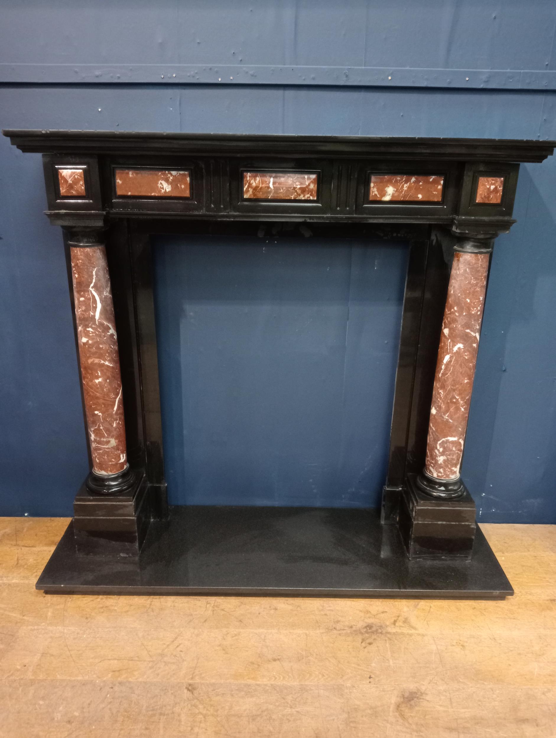 19th C. Good quality Carrera black marble fireplace with Carrera marble pillars. {H 135 X W 147cm