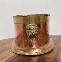 Georgian copper and brass jardiniere with lions mask handles. {H 20cm x W32cm x L 42cm }.