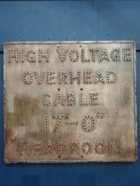 1930's Alloy Railway High Voltage Overhead sign with cats eyes. {H 77cm x W 84cm x D 2cm }.