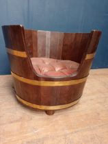 Barrel style dog bed with brass straps with lions feet and leather cushion {H 66cm x Dia 80cm}.