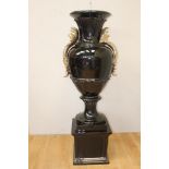 Ornate gold and black Italian hand painted ceramic urn on base decorated with Acanthus leaves {H