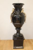 Ornate gold and black Italian hand painted ceramic urn on base decorated with Acanthus leaves {H