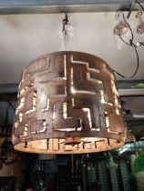 Copper designer cylinder hanging light in working order {46 cm H x 58 cm Dia.}. (not available to