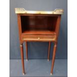 19th C. French rosewood bedside table with brass gallery and marble top with brass inlaid drawer and