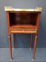 19th C. French rosewood bedside table with brass gallery and marble top with brass inlaid drawer and