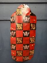 Painted metal red and black coat of arms shield {H 120cm x W 54cm x D 10cm}.