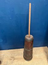 Wooden butter churn with four brass bands {H 90cm x Dia 17cm }.