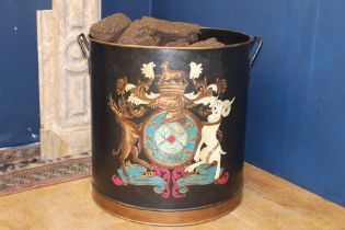 Painted metal turf bucket with family crest {H 60cm x Dia 58cm}.