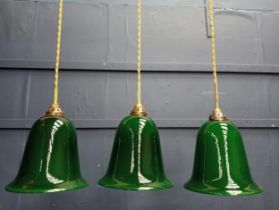 Three glass industrial bell style lights with brass galleries. {H 30cm x Dia 25cm}.