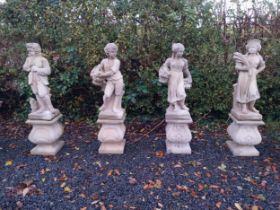 Good quality set of moulded sandstone statues of the Four Seasons on decorative pedestal bases. {117