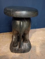 19th C. Carved ebony wood elephant stool. {H 40cm x W 36cm x D 30cm }.