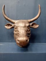 Cast iron model of bull's head {H 55cm x W 48cm x D 34cm}.