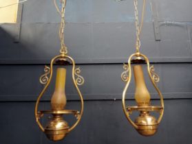 Pair of brass oil lamps- electrified {H 50cm x Dia 28cm}.