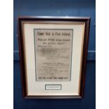 Framed Irish Volunteers recruiting poster 1915 print {H 46cm x W 36cm}.