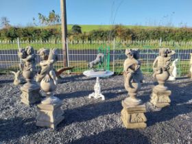 Good quality set of moulded sandstone statues of the Four Seasons on decorative bases. {216 cm H x