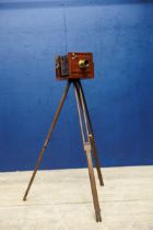 Early 20th C. instant full plate field camera on original tripod leg with mahogany, brass fittings