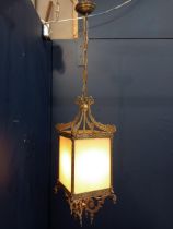 Decorative Brass hall lantern with smoked glass panels. {Hanging H 100cm x W 20cm x D 20cm Lamp H
