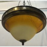 Brass rim hanging uplighter with amber shade {H 18cm x dia 39cm}.