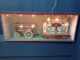 Fairground model of organ and steam train in glazed case {H 45cm x W 112cm }.