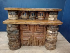 Unusual Driftwood bar front counter with two swivel driftwood high stools {Bar H 110cm x W 140cm x D