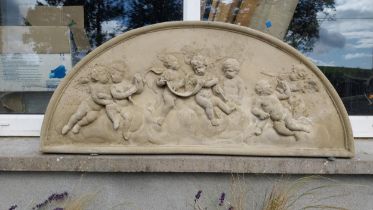 Moulded stone wall plaque decorated with Cherubs {50 cm H x 113 cm W x 5 cm D }.(not available to